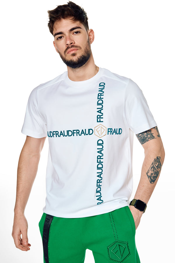 Crew-Neck  White T-Shirt , Fraud Collection Logo-Print T-Shirt